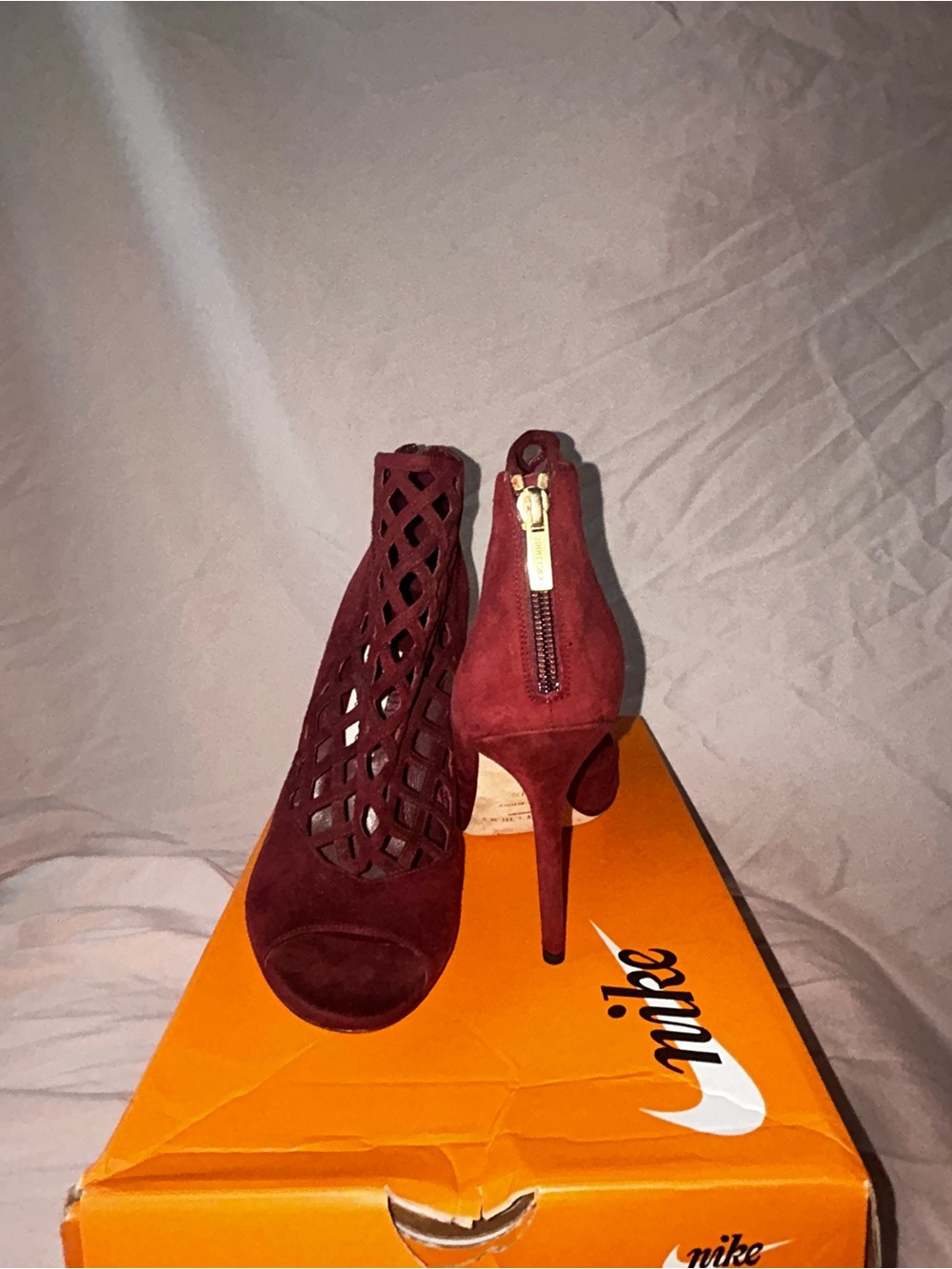 Jimmy Choo Women's Burgundy Suede Lattice High Heel Booties it